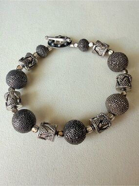 Bali Sterling Silver Statement Bracelet • Artisan Handmade Beads • Toggle Clasp